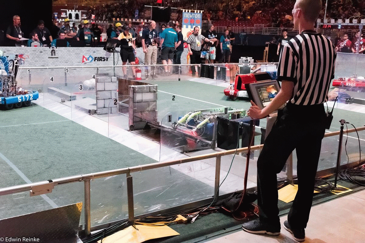 An animated graphic of our robot crossing a defense.
